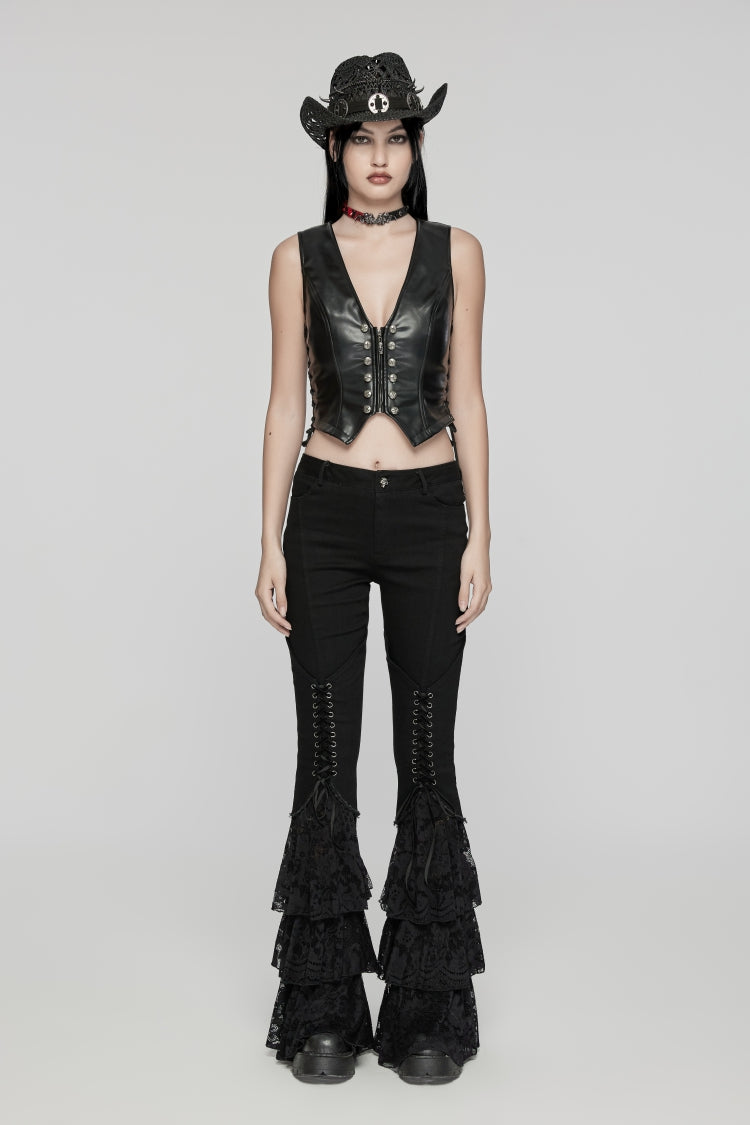 Black Lace-Up Slim Zippered Women's Punk Cool Faux Leather Vest - Product - 2
