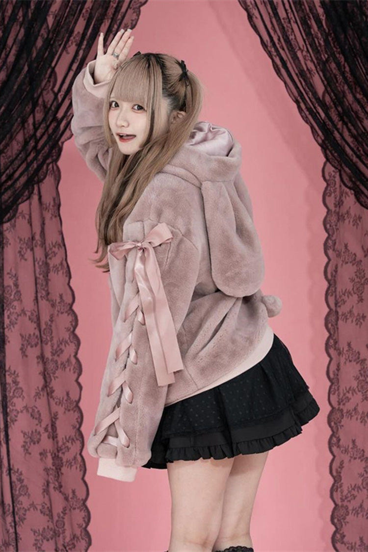 Pink Rabbit Ears Long Sleeves Bowknot Lace-Up Hooded Jirai Kei Coat - Product - 3
