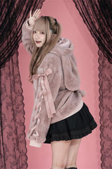 Pink Rabbit Ears Long Sleeves Bowknot Lace-Up Hooded Jirai Kei Coat - Product - 3
