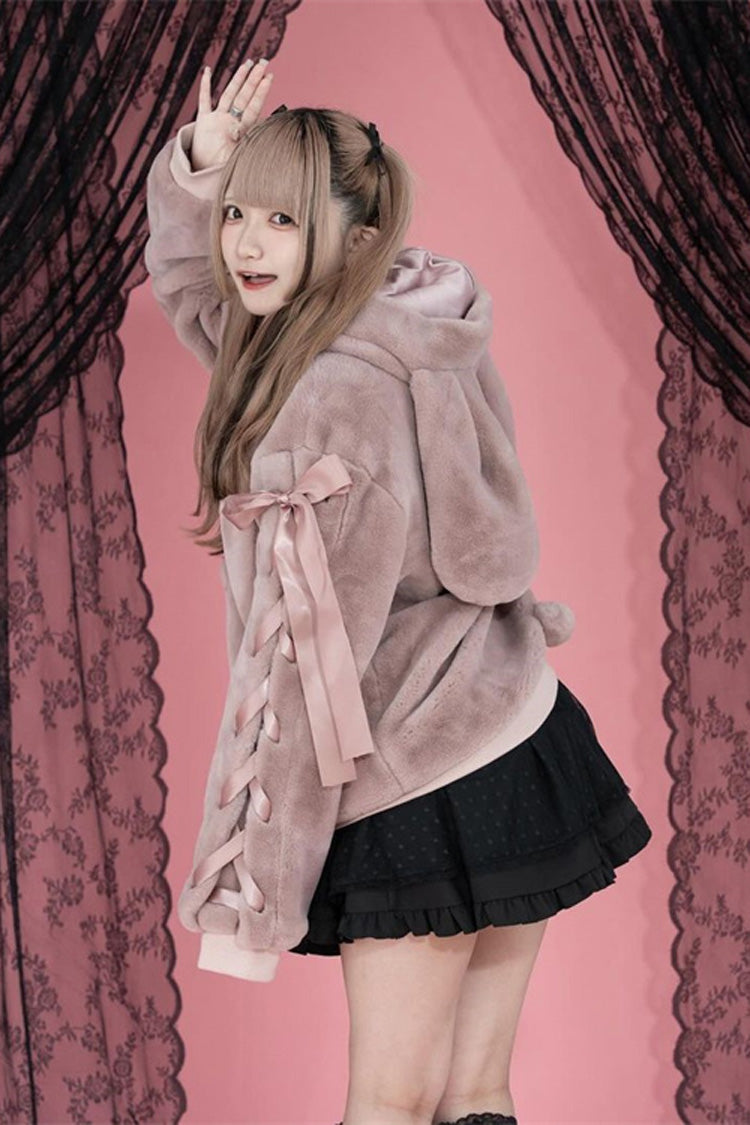 Pink Rabbit Ears Long Sleeves Bowknot Lace-Up Hooded Jirai Kei Coat - Product - 3