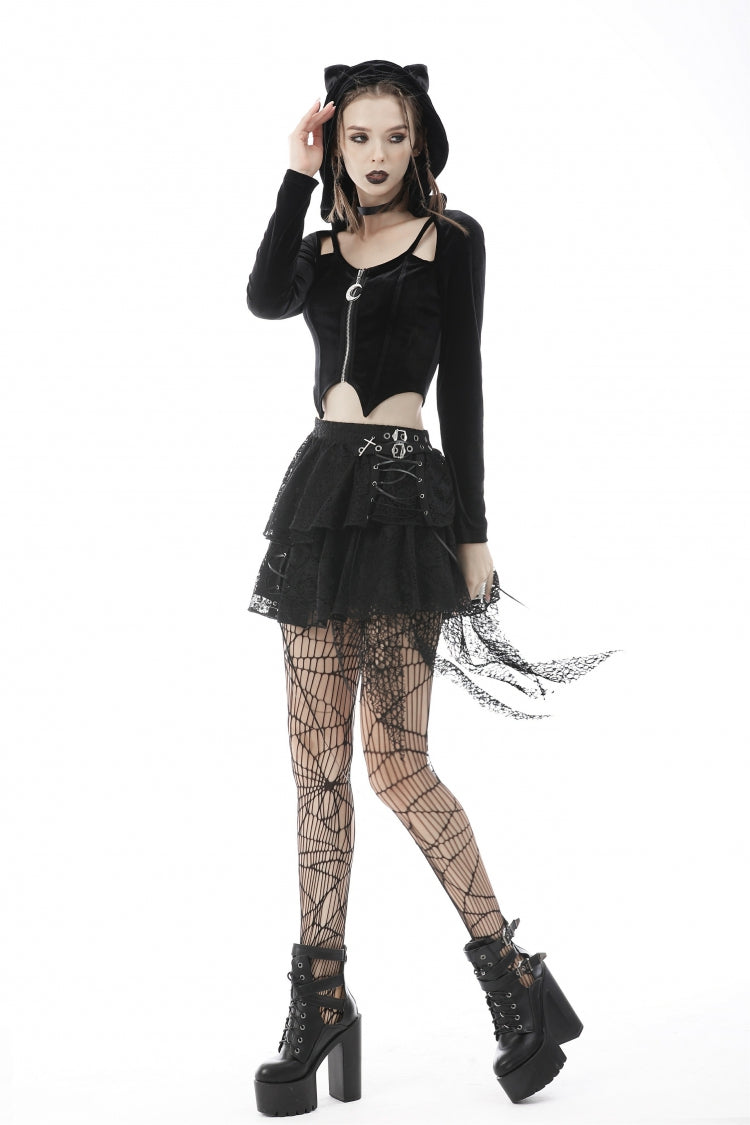 Black Long Sleeves Irregular Moon-shaped Zipper Women's Punk Crop Top with Cat's Ears Hood - Product - 2