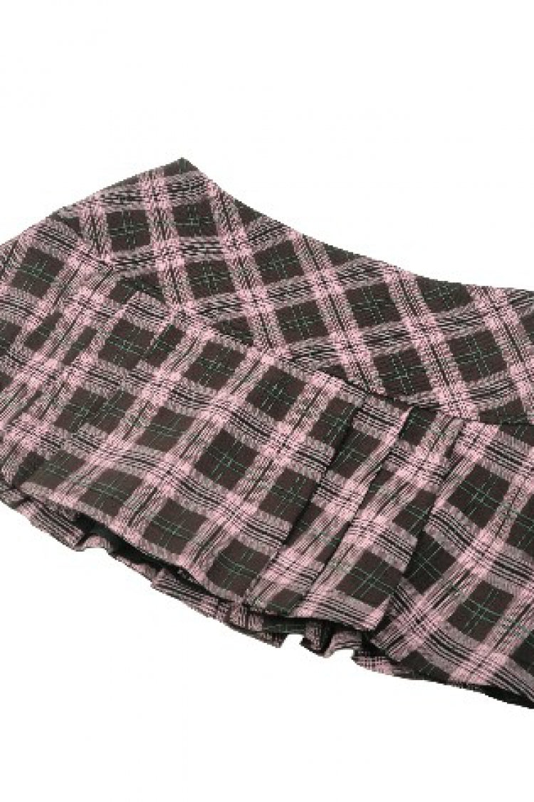 Pink/Brown Buckled Plaid Women's Punk Pleated Mini Skirt - Product - 16