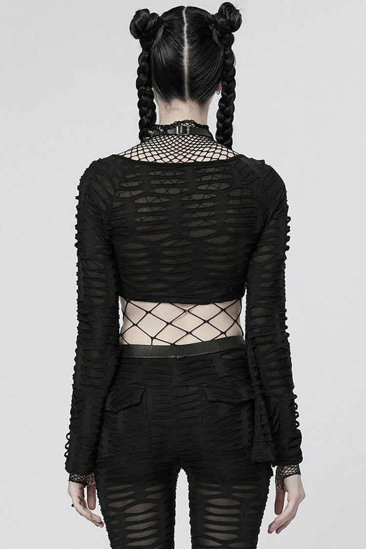 Black Long Sleeve Creative Twist Stretch Sexy Women's Gothic T-Shirt - Product - 3