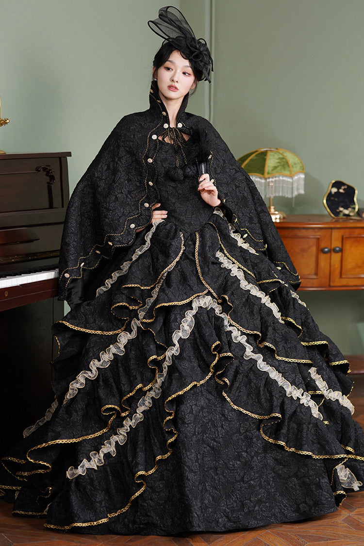 Black Square Collar Half Trumpet Sleeves Ruffled Open-Front Lace Gothic Vintage Palace Lolita Victorian Dress - Product - 5