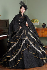 Black Square Collar Half Trumpet Sleeves Ruffled Open-Front Lace Gothic Vintage Palace Lolita Victorian Dress - Product - 5