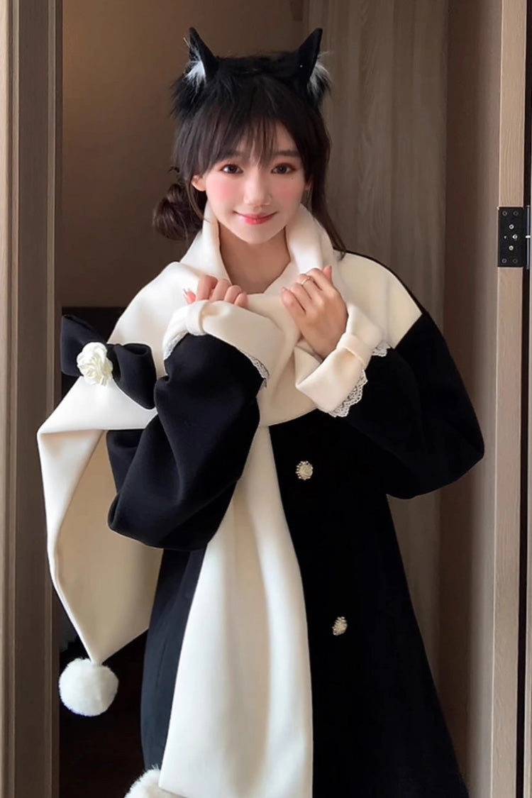 First Snow Bear Bowknot Scarf Design Sweet Japanese Lolita Coat 4 Colors - Black - 5