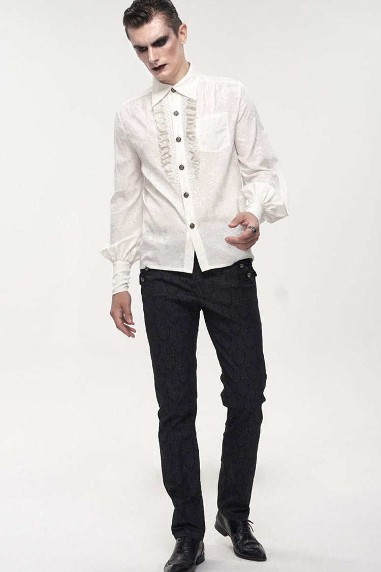 White Gothic Metal Pattern Buckle Long Sleeve Pleated Lace Lantern Shape Printing Pattern Men's Shirt - Product - 5