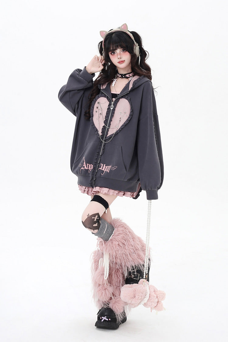 [Striped Bunny Ears] Long Sleeves Heart Print Embroidery Hooded Zipper Sweet Jirai Kei Cool Lolita Coat 2 Colors - Product - 9