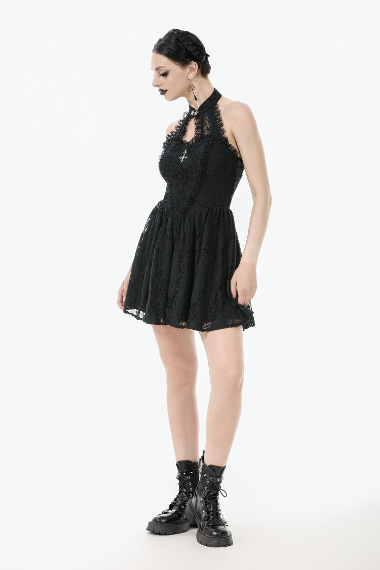 Black Off Shoulder Halterneck Sleeveless Lace Women's Gothic Short Dress - Product - 10