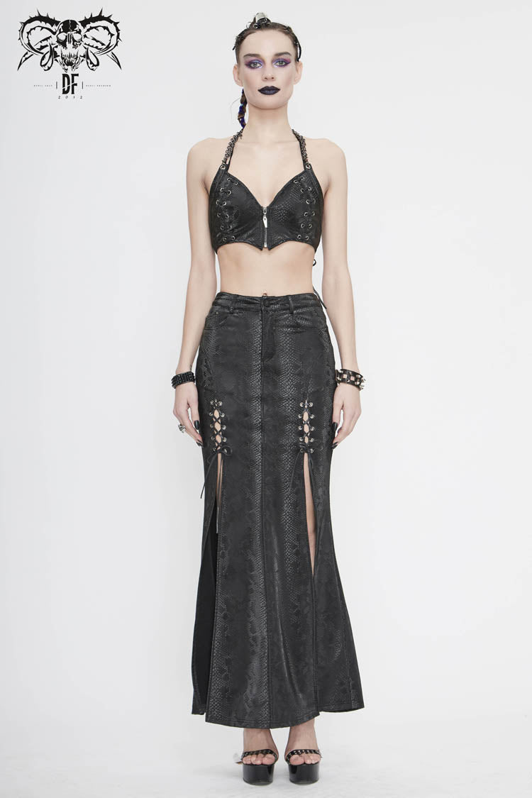 Black Snake Like Leather Side Slit Hem Lace Up Rivet Long Women's Punk Skirt - Product - 5