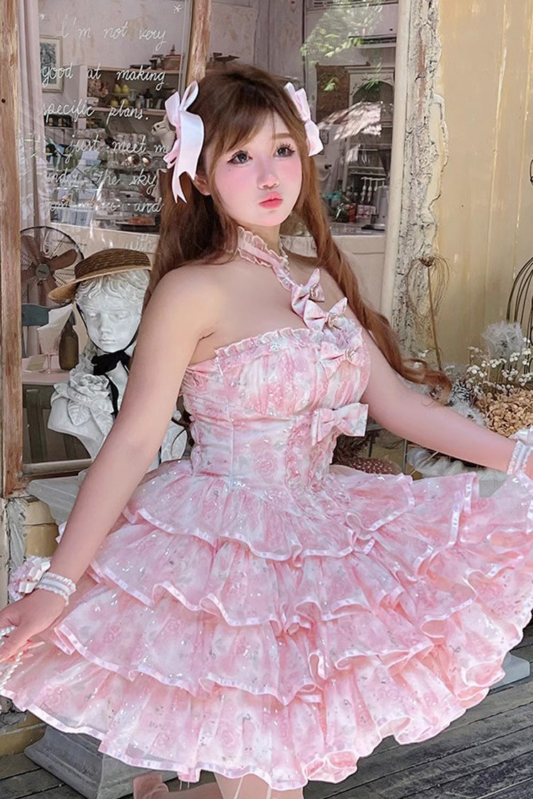 Pink [Broken Silver Rose] Halterneck Sleeveless Multi-Layered Ruffle Bowknot Sweet Princess Lolita Tiered Dress - Product - 4