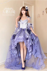 Misty Purple [Swan Wonderland] Embroidery Bowknot Lace-Up Short Front Long Back Irregular Sweet Ballet Lolita Jsk Dress - Product - 2