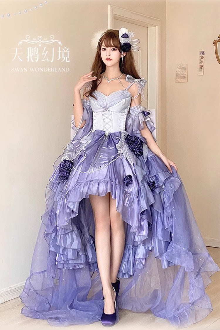 Misty Purple [Swan Wonderland] Embroidery Bowknot Lace-Up Short Front Long Back Irregular Sweet Ballet Lolita Jsk Dress - Product - 2