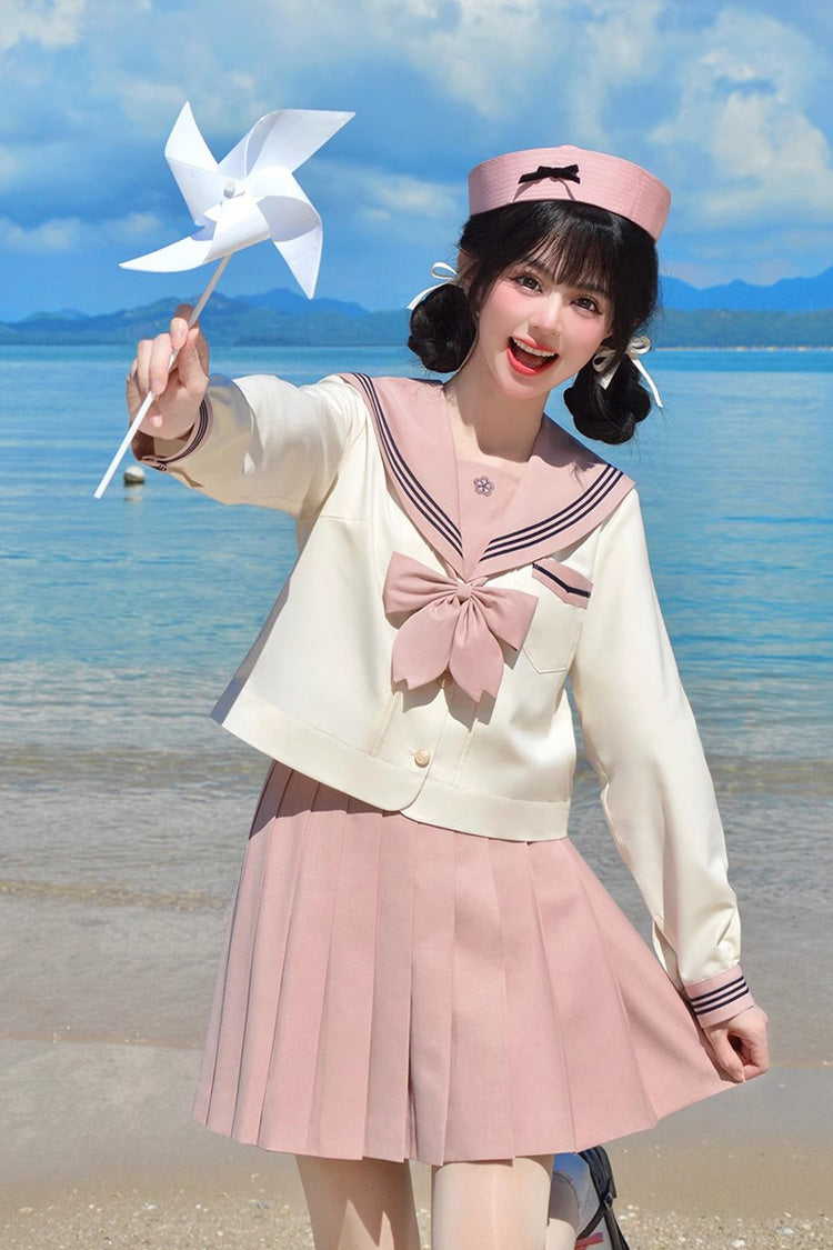 Pink/Ivory Sailor Collar Long Sleeves Sweet Japanese School Skirt Set - Product - 3