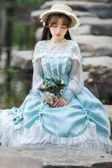 Blue Halter Neck Lantern Long Sleeves Lace Ruffled Hanayome Sweet Lolita Op Tiered Dress - Product - 4