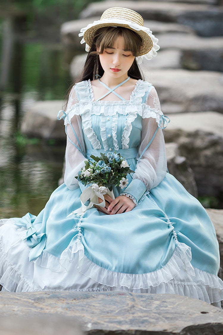 Blue Halter Neck Lantern Long Sleeves Lace Ruffled Hanayome Sweet Lolita Op Tiered Dress - Product - 4