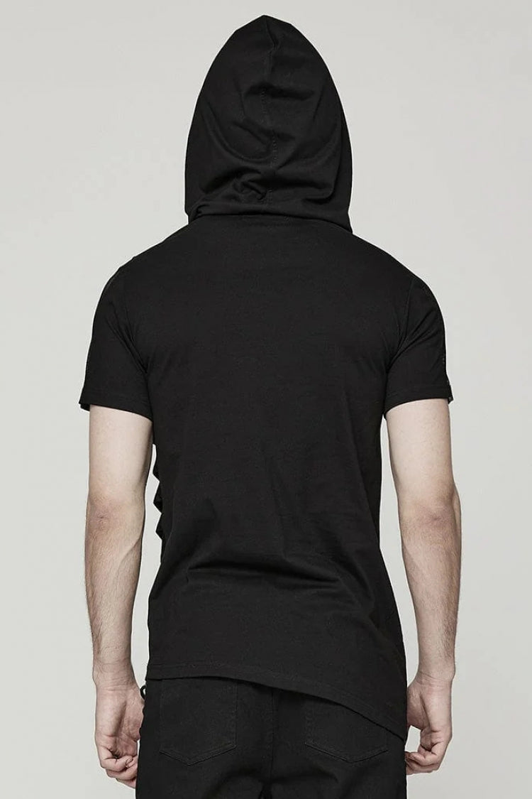 Black Short Sleeves Stitching Hooded Mesh Ripped Mens Steampunk T-Shirt - Product - 3