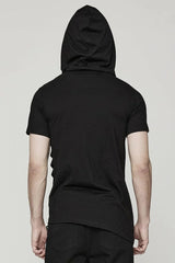 Black Short Sleeves Stitching Hooded Mesh Ripped Mens Steampunk T-Shirt - Product - 3