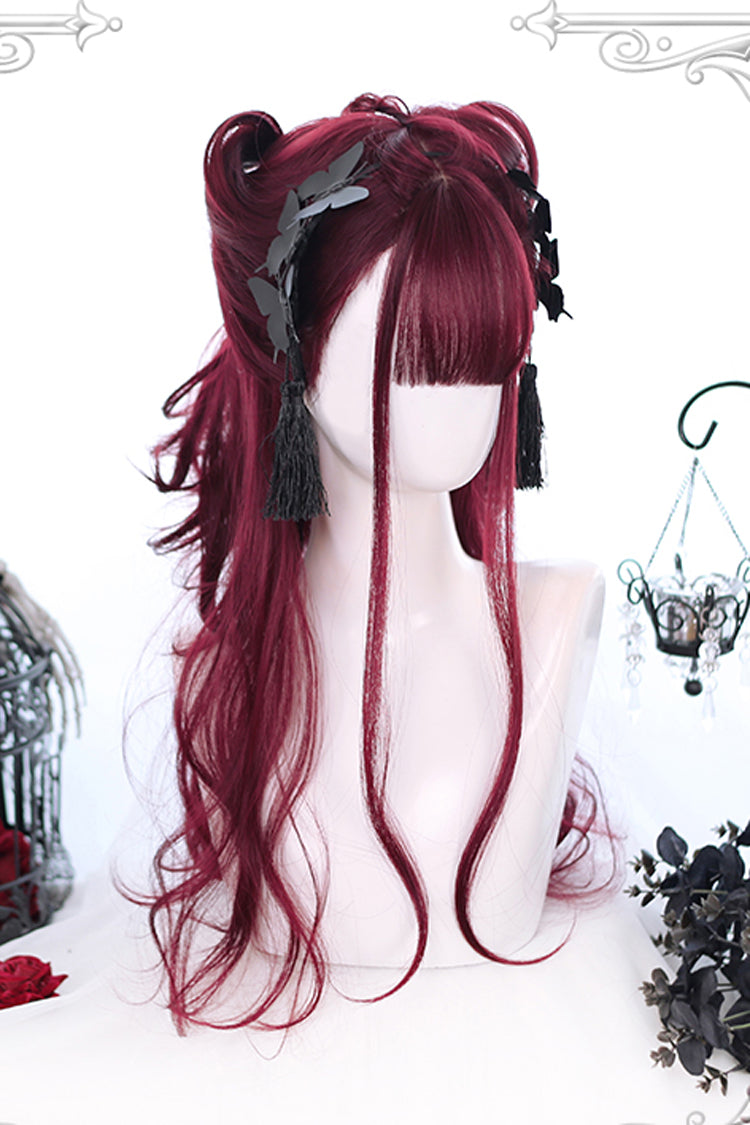 Dark Red Hair Tail Layered Curly Classic Lolita Wigs - Red - 1