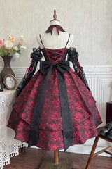 Black/Red [Weeping Rose] Jacquard Print Ruffle Cardigan Bowknot Lace-Up Gothic Lolita Dress - Product - 13