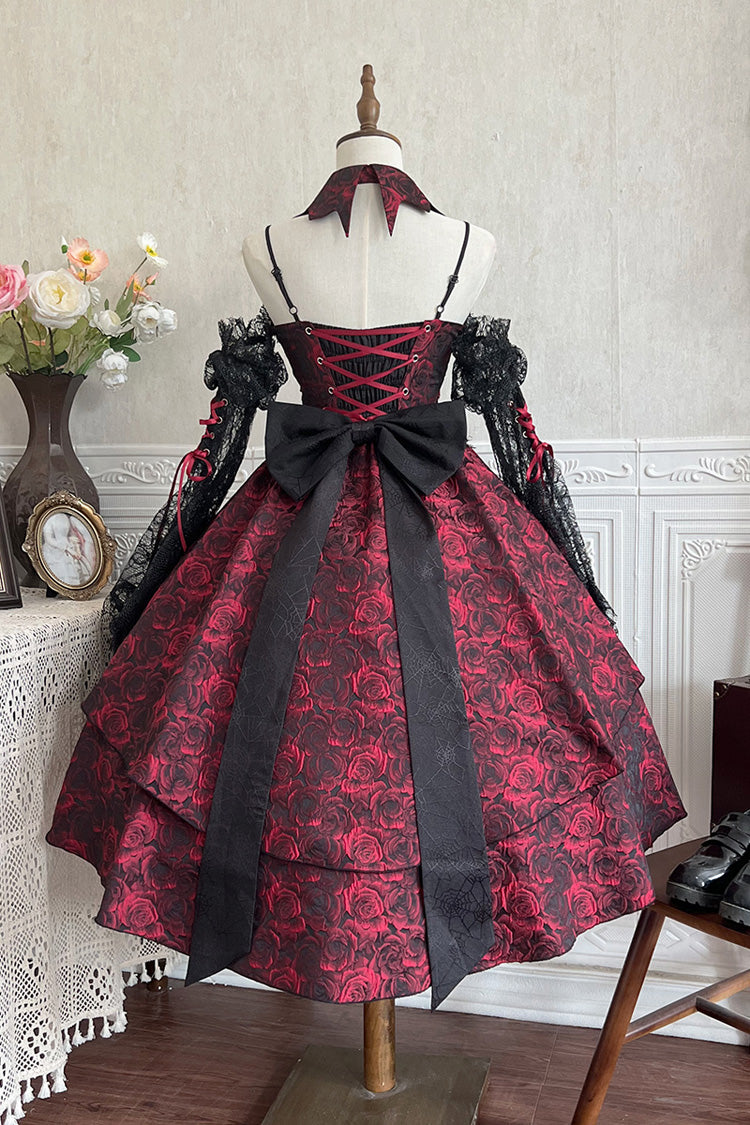 Black/Red [Weeping Rose] Jacquard Print Ruffle Cardigan Bowknot Lace-Up Gothic Lolita Dress - Product - 13