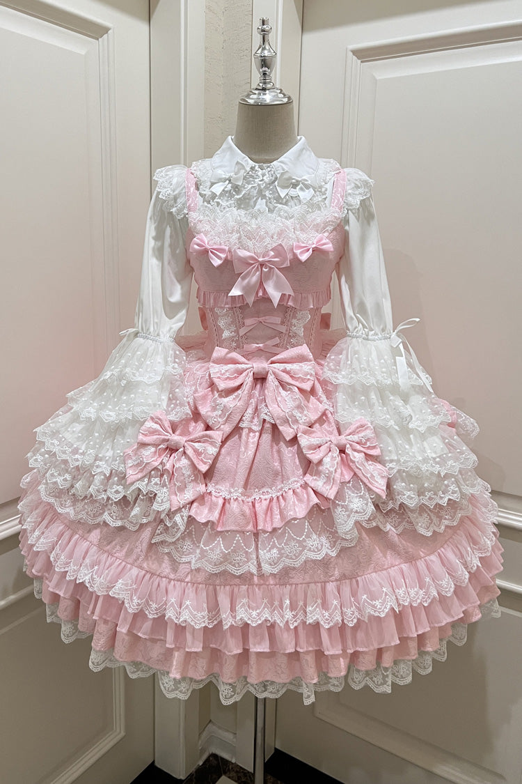 Pink Multi-Layered Ruffle Bowknot Stitching Lace Sweet Lolita Jsk Dress - Pink - 1