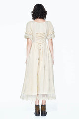 Creamy White Punk Victoria Vintage Drawstring Embroidered Lace Womens Dress - Product - 7