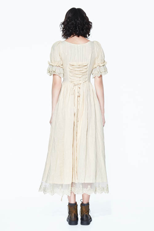 Creamy White Punk Victoria Vintage Drawstring Embroidered Lace Womens Dress - Product - 7