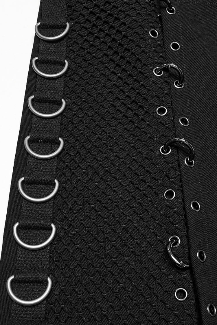Black Faux Leather Stitching Lace-Up Irregular Mesh Men's Gothic Kilt - Product - 6