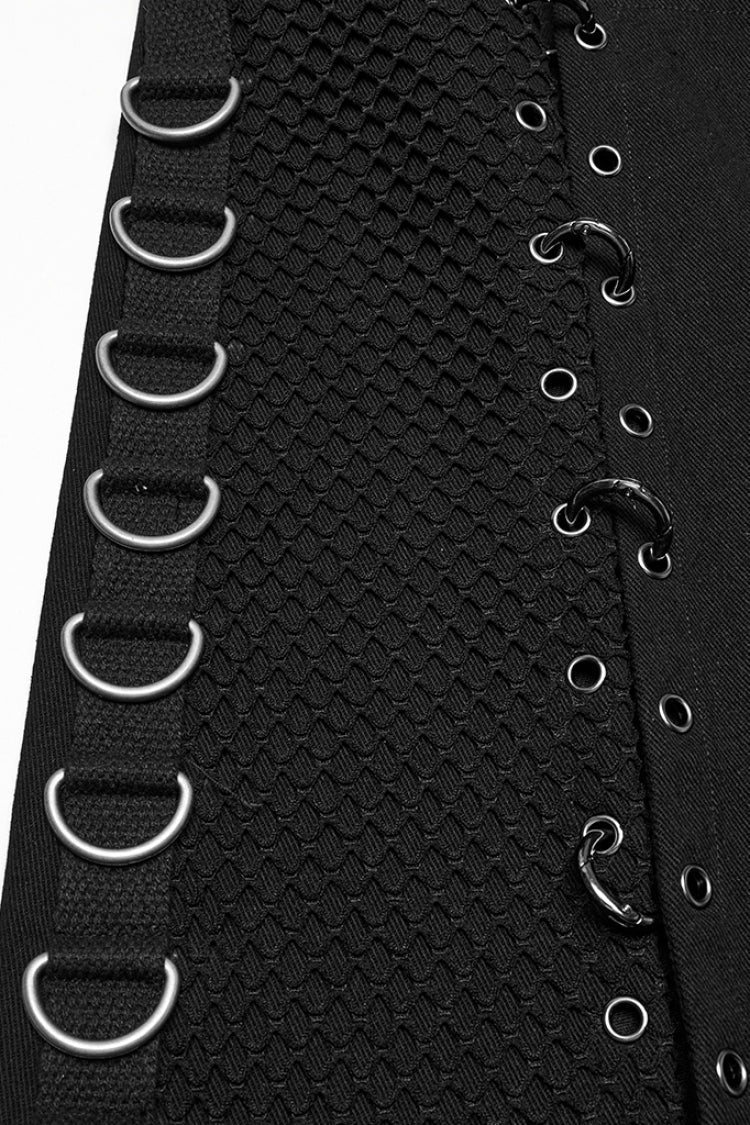 Black Faux Leather Stitching Lace-Up Irregular Mesh Men's Gothic Kilt - Product - 6