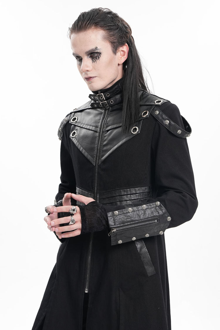 Black Stand Collar Eyelets Buckle-up Ring Long Sleeves Stitching Men's Gothic Coat - Product - 9
