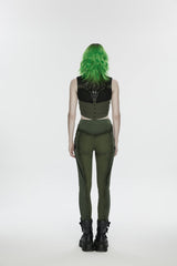 Black/Green Slim Women's Armor-Accentuated Paneled Punk Leggings - Product - 2