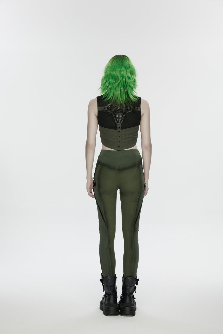 Black/Green Slim Women's Armor-Accentuated Paneled Punk Leggings - Product - 2
