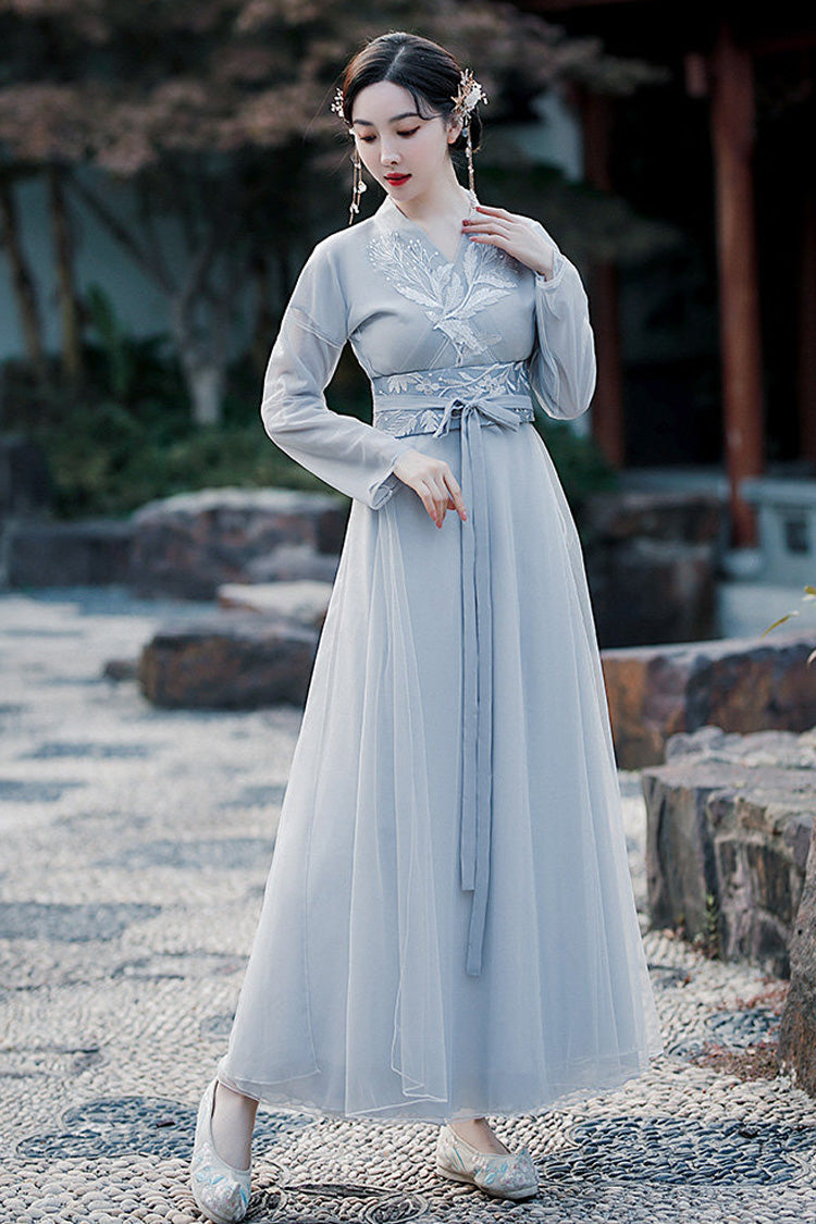 Fairy-Like Ancient Chinese Inspired Long Sleeves Embroidered Casual Hanfu Dress Set 3 Colors - Product - 7
