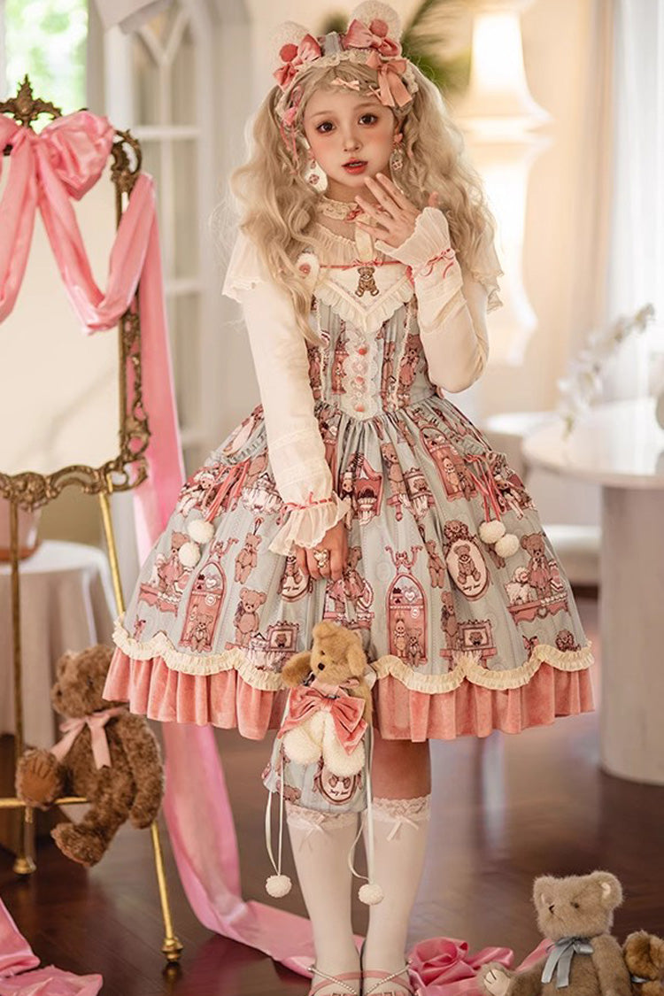 Pink/Green Bear Doll Wall Print Ruffle Embroidery Bowknot Sweet Lolita Jsk Dress - Pink/Green - 1