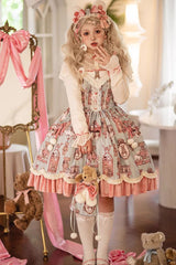 Pink/Green Bear Doll Wall Print Ruffle Embroidery Bowknot Sweet Lolita Jsk Dress - Pink/Green - 1