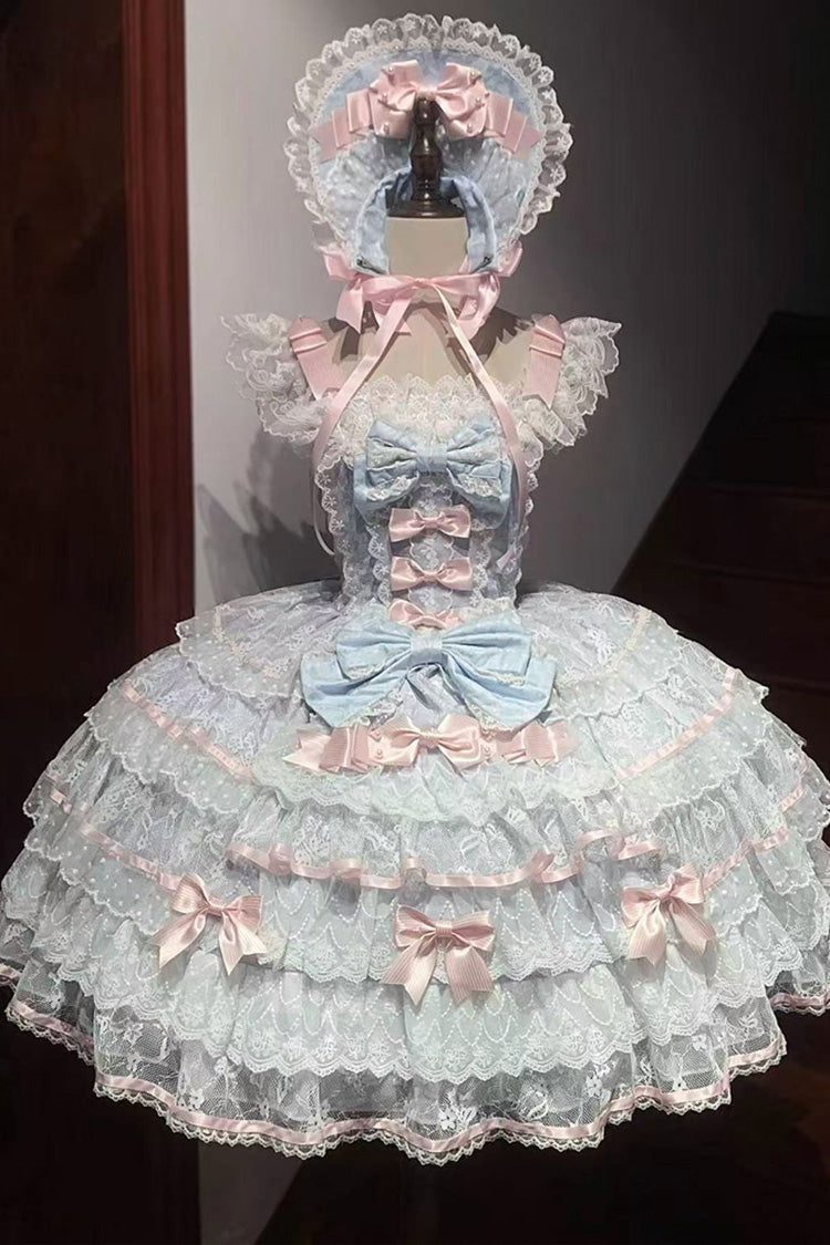 Blue [Moon-Tide Butterfly’s Call] Sleeveless Multi-Layered Ruffle Bowknot Lace Sweet Lolita Jsk Dress - Product - 3