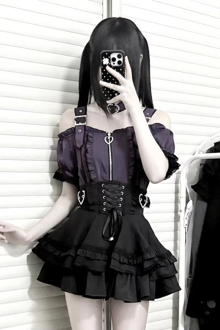 Jirai Kei [Heartbeat Buffy] Stand Collar Sleeveless Triple-Layered Ruffled Lace-Up Zippered Sweet Japanese Skirt and Blouse detail view 13