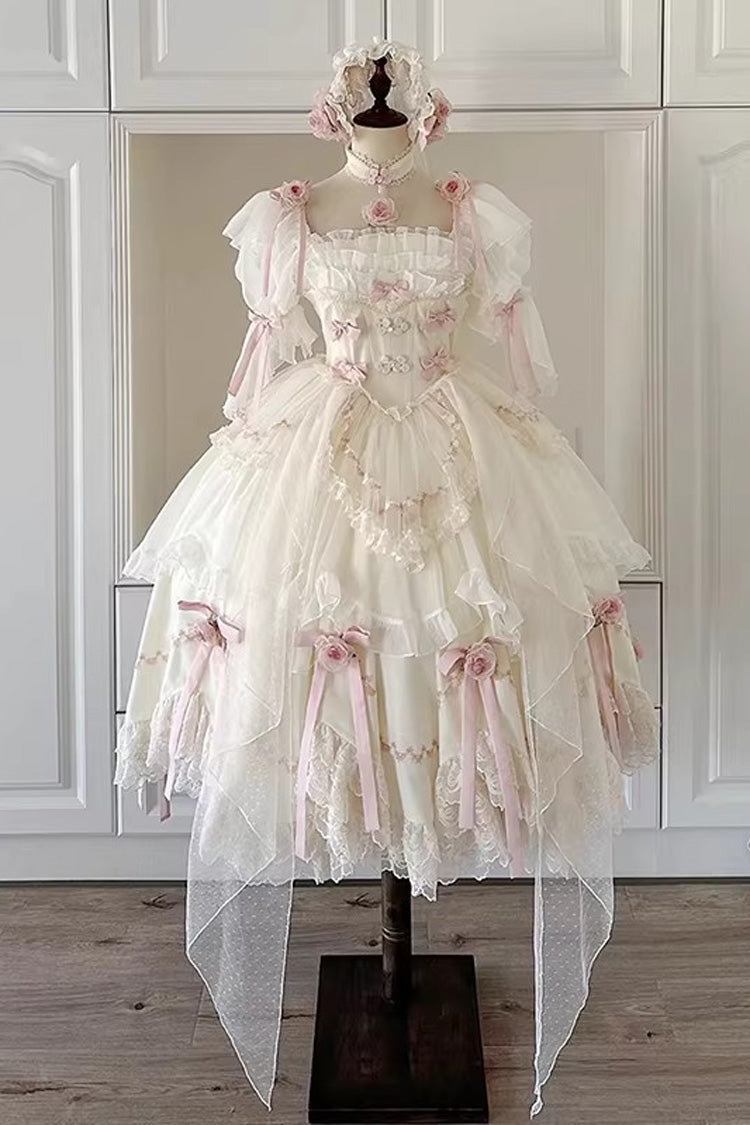 White [Mist and Tulle] Square Collar Multi-Layered Ruffled Hanayome Bow Lace Sweet Princess Gorgeous Lolita Dress - Product - 2