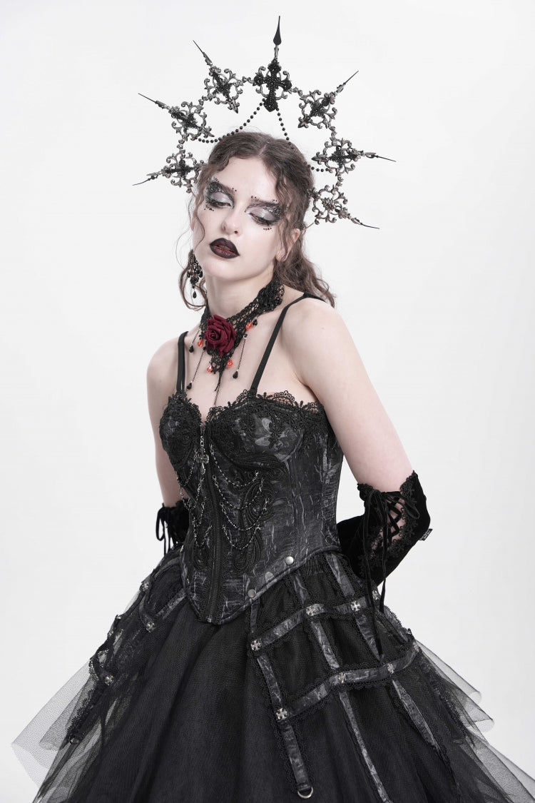 Black Sleeveless Embroidery Lace Chain Women's Gothic Vest - Product - 4