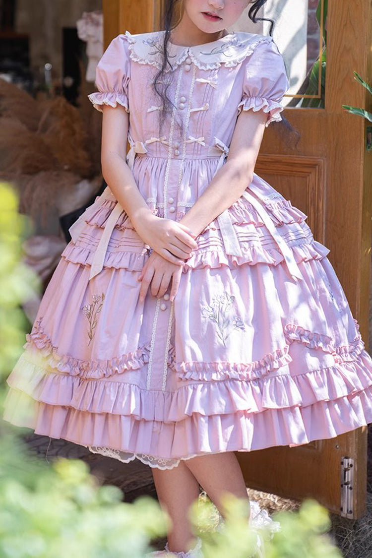 Pink Doll Collar Short Sleeves Iris Poem Print Ruffle Embroidery Sweet Lolita Dress - Pink - 1