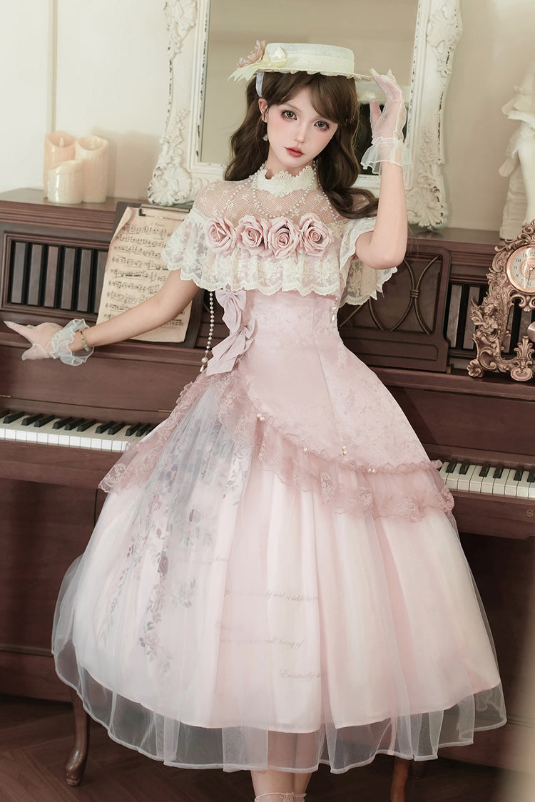 Pink [Rose Poems] Ruffle Embroidery Bowknot Lace Asymmetric Sweet Elegant Lolita Dress Set - Pink - 1