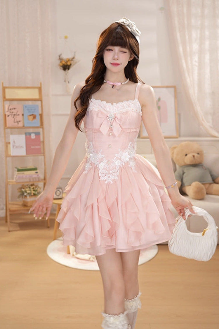 Pink [Floral Brulee] Square Collar Sleeveless Multi-Layered Ruffled Bow Spliced Lace Sweet Princess Lolita Jsk Dress - Pink - 1