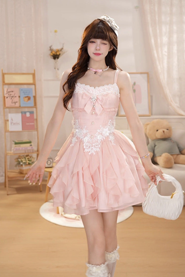 Pink [Floral Brulee] Square Collar Sleeveless Multi-Layered Ruffled Bow Spliced Lace Sweet Princess Lolita Jsk Dress - Pink - 1