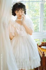 White Multi-Layered Ruffle Hanayome Hollow Bowknot Lace Sweet Vintage Gorgeous Lolita Dress - Product - 6