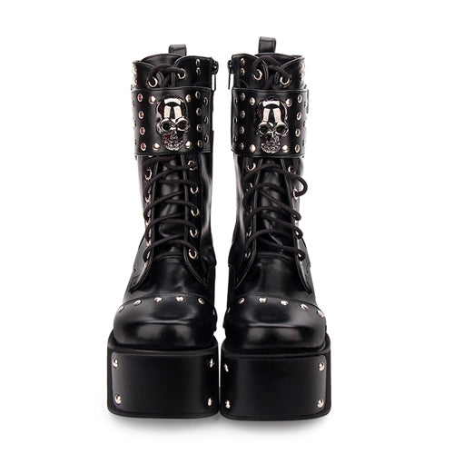 Black Skull Rivet Gothic Lolita Boots - Product - 2