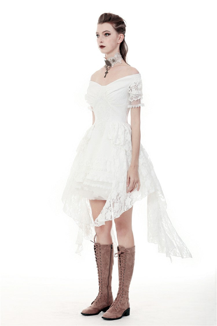 White Off Shoulder Lace Short Sleeves Lace-Up Women's Steampunk Luxurious Wedding Graduation Dress - Product - 13