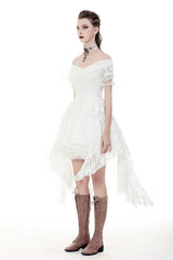 White Off Shoulder Lace Short Sleeves Lace-Up Women's Steampunk Luxurious Wedding Graduation Dress - Product - 13