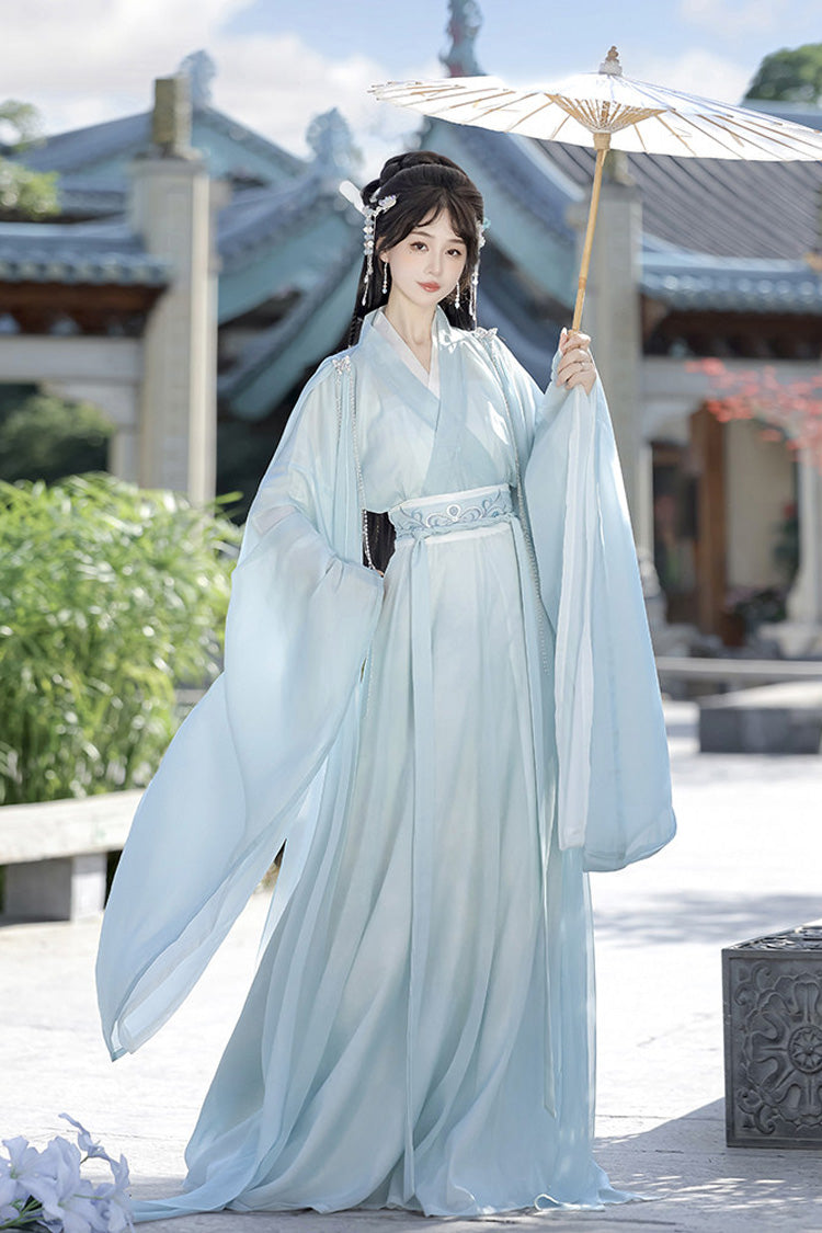 [Spring Harmony] Long Trumpet Sleeves Embroidered Chinese Inspired Hanfu Dress Set 2 Colors - Product - 3