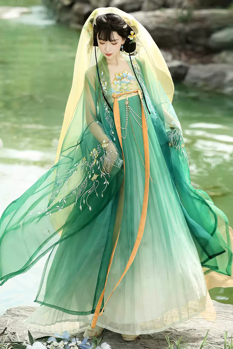 Green [Legends of the Tang Dynasty] High Waisted Printed Embroidered Women's Classic Hanfu Dress Set - Product - 2